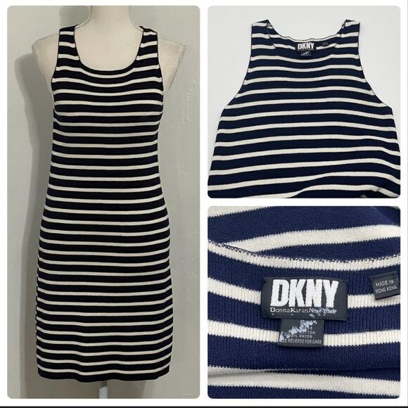 DKNY Navy White Striped Knit Sleeveless Dress SMALL - Picture 2 of 12